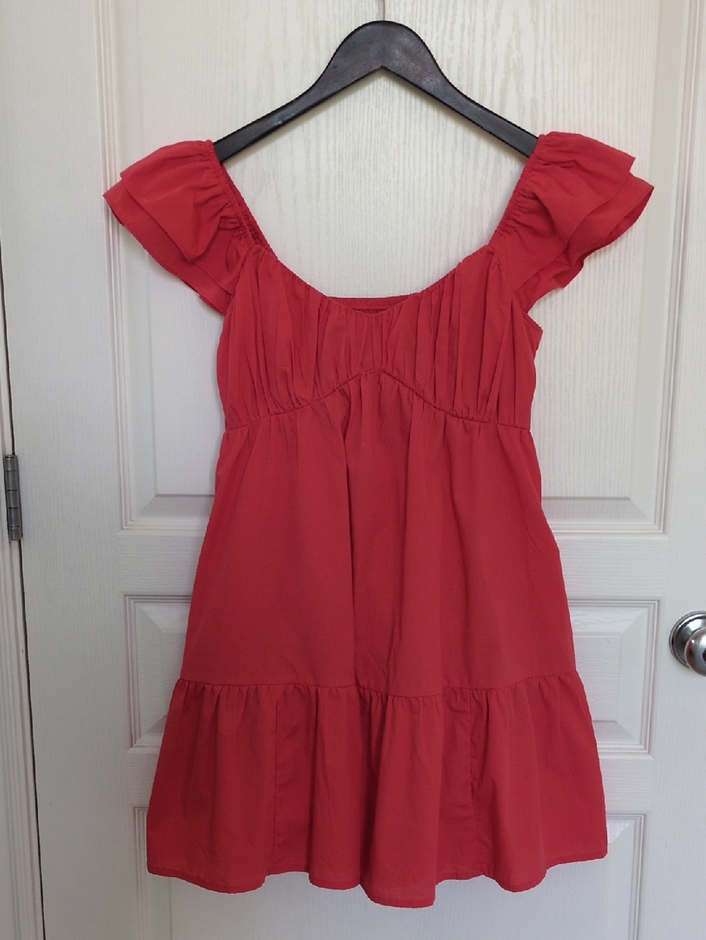 Abercrombie & Fitch Coral Poplin Ruffle-Sleeve Sundress